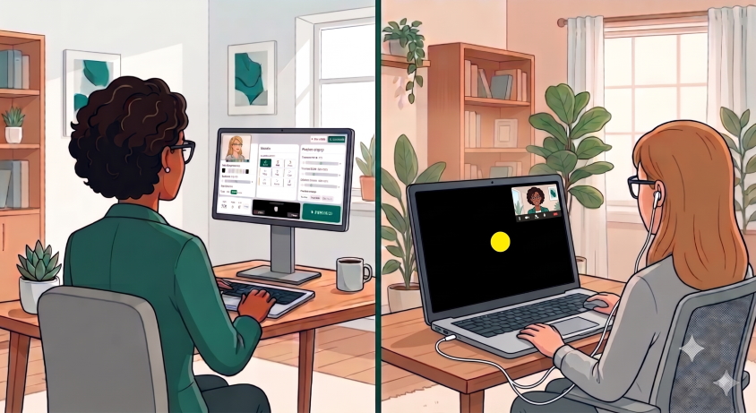 Cartoon illustration of an EMDR Therapist conducting a remote session with a Client