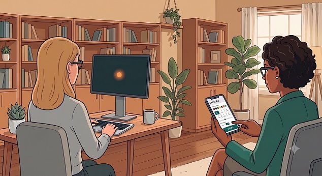 Cartoon illustration of an EMDR Therapist conducting an in person session with a Client