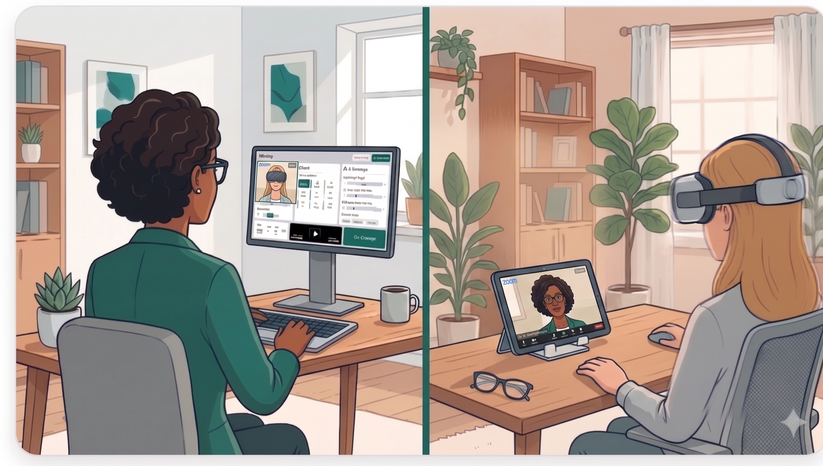 Cartoon illustration of an EMDR Therapist conducting a remote VR session with a Client